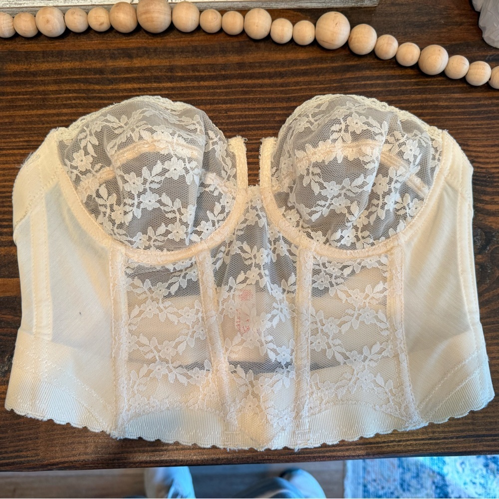 Vintage 70s Backless Bustier Bra 36B Sheer Floral Lace Pin-Up Lingerie Corset